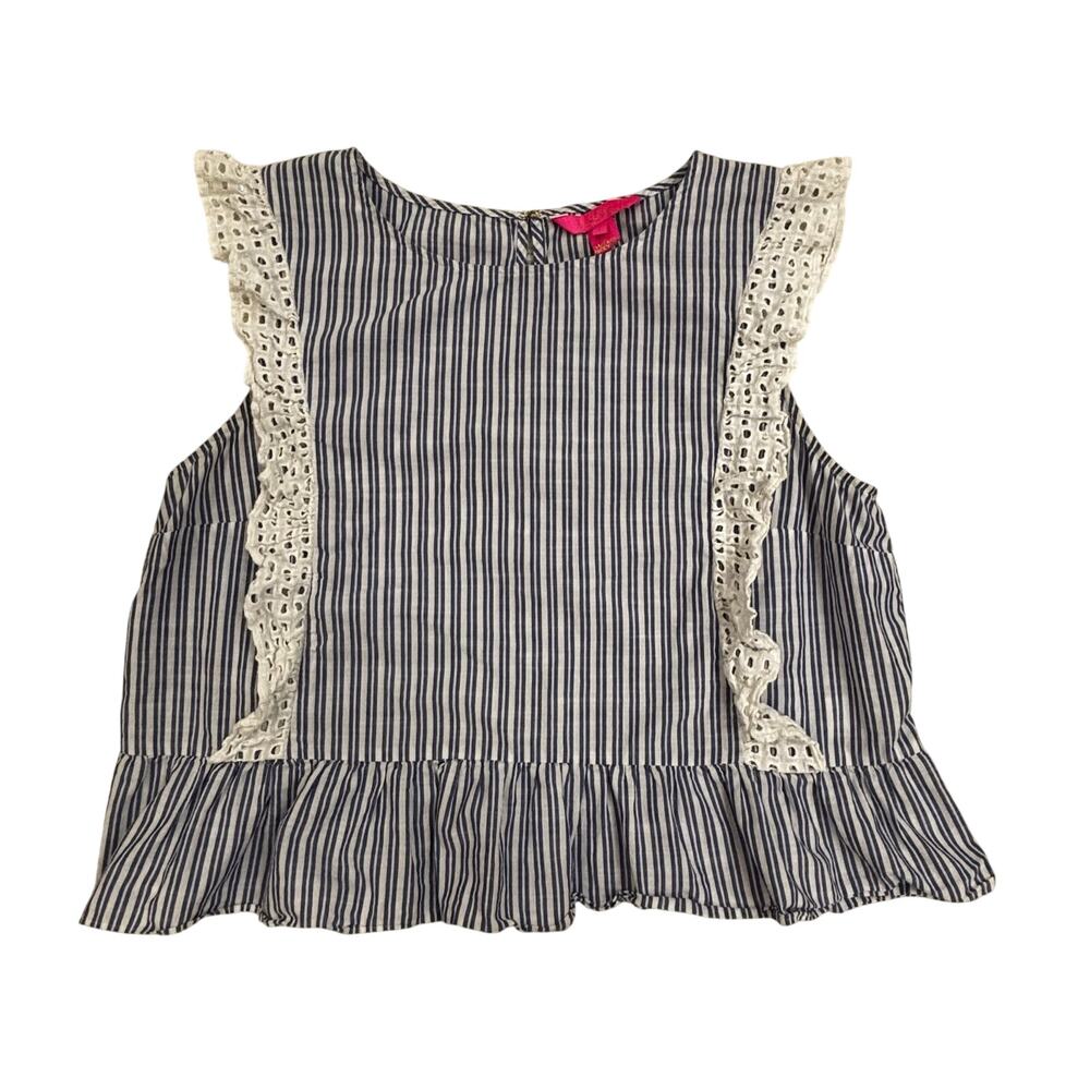 Lilly Pulitzer Navy and White Striped Ruffle Lace Trim Top